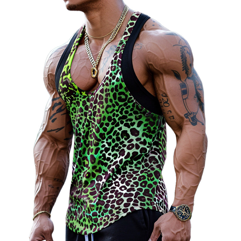 Men's Sexy U-Neck Leopard Print Patchwork Tank Top