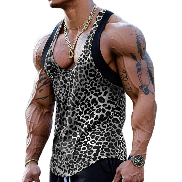 Men's Sexy U-Neck Leopard Print Patchwork Tank Top