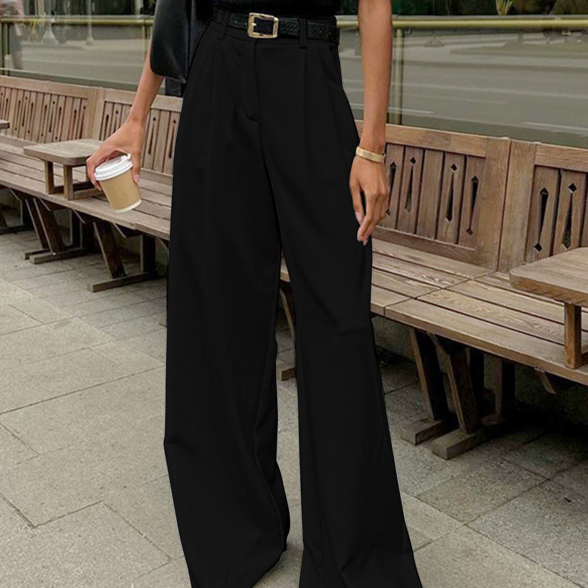 Solid Wide Leg Pants Without Belt