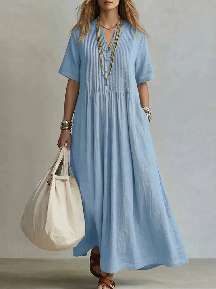 Cross-Border Foreign Trade European and American 2026 New Style Women's Long Dress Casual Loose V-Neck Short-Sleeved Pleated Cotton and Linen Dress for Women