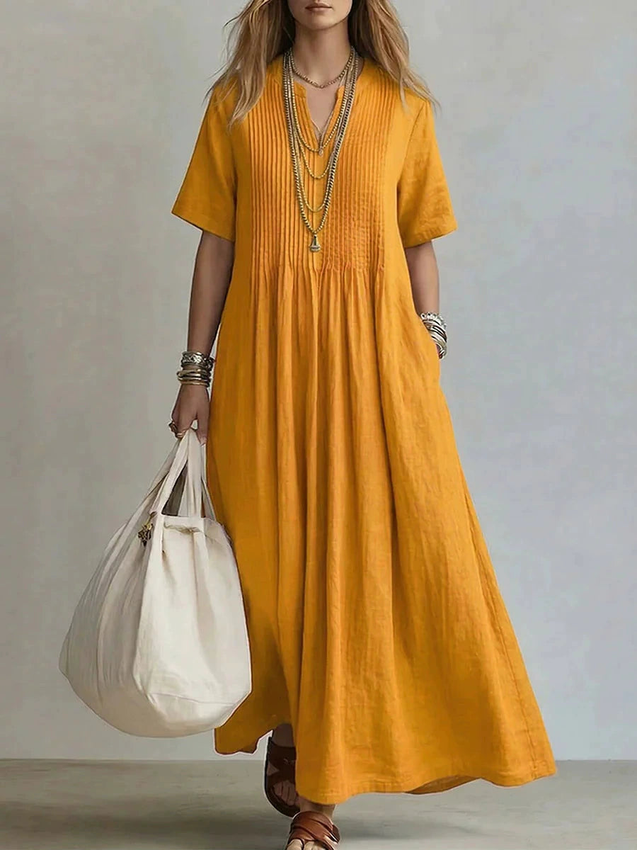 Cross-Border Foreign Trade European and American 2026 New Style Women's Long Dress Casual Loose V-Neck Short-Sleeved Pleated Cotton and Linen Dress for Women
