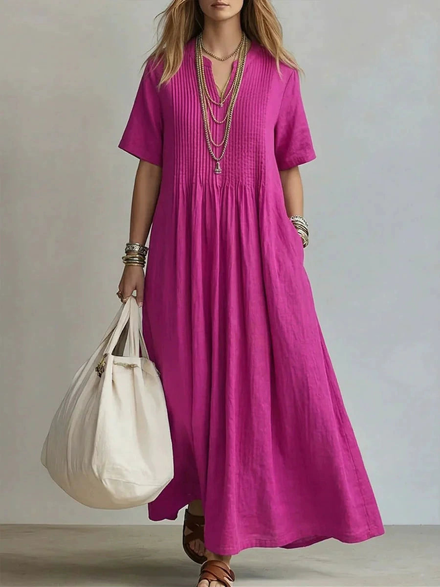 Cross-Border Foreign Trade European and American 2026 New Style Women's Long Dress Casual Loose V-Neck Short-Sleeved Pleated Cotton and Linen Dress for Women