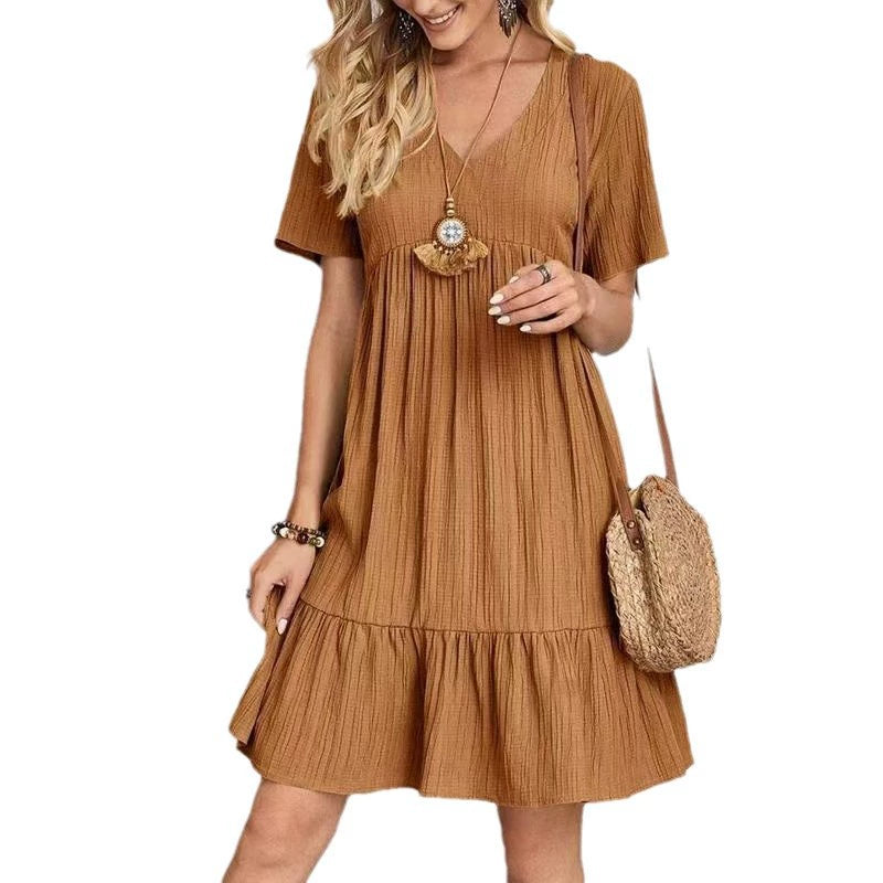 2025 Summer Cross-Border Export European and American Clothing Amazon Skirt Loose Casual Short-Sleeved Waist Flowing Dress