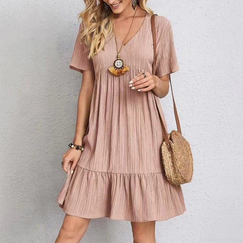 2025 Summer Cross-Border Export European and American Clothing Amazon Skirt Loose Casual Short-Sleeved Waist Flowing Dress