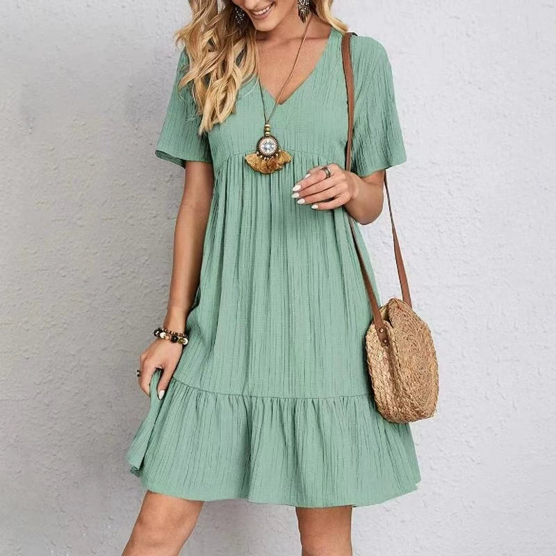 2025 Summer Cross-Border Export European and American Clothing Amazon Skirt Loose Casual Short-Sleeved Waist Flowing Dress