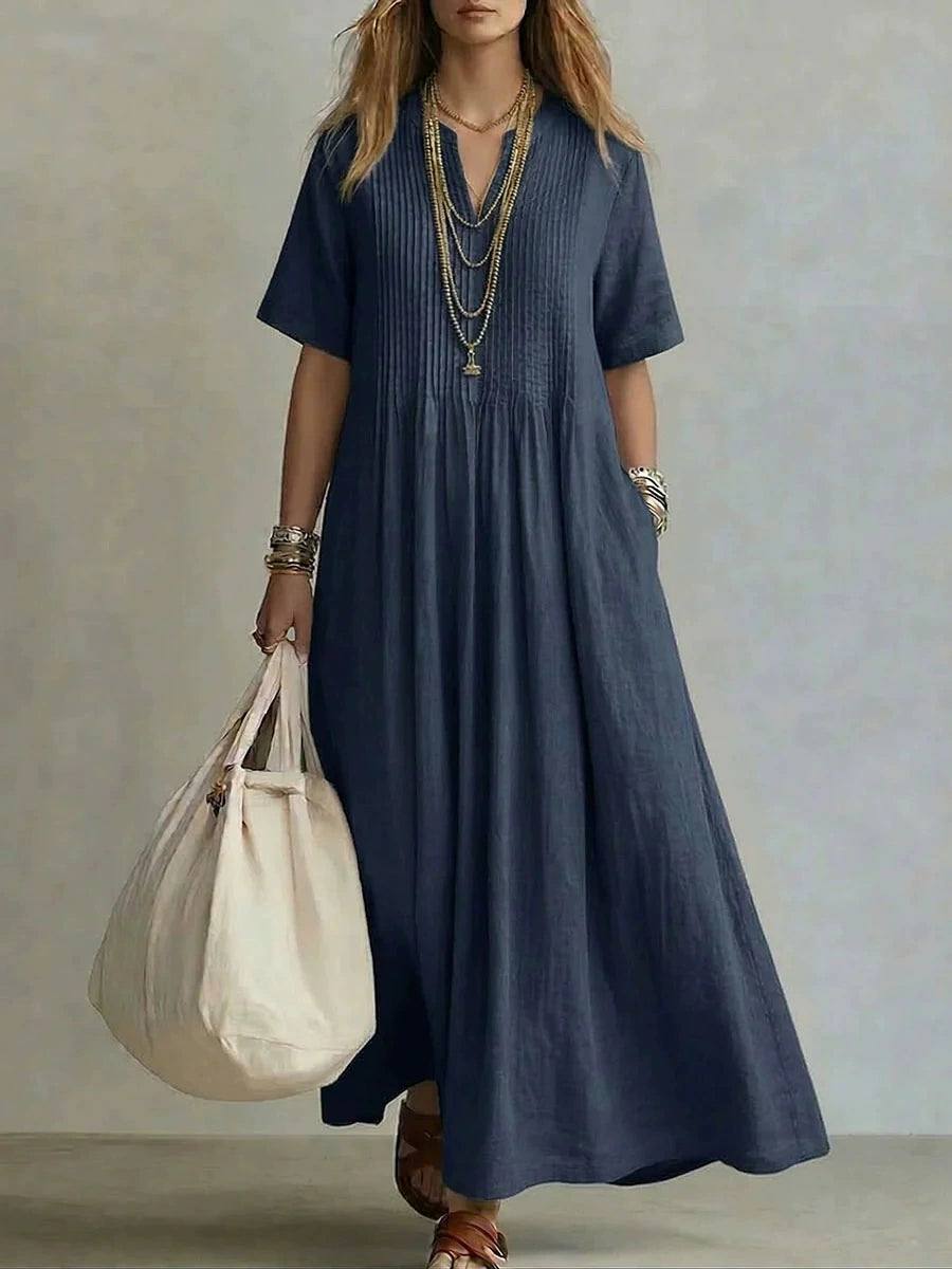 Cross-Border Foreign Trade European and American 2026 New Style Women's Long Dress Casual Loose V-Neck Short-Sleeved Pleated Cotton and Linen Dress for Women