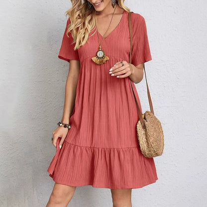 2025 Summer Cross-Border Export European and American Clothing Amazon Skirt Loose Casual Short-Sleeved Waist Flowing Dress