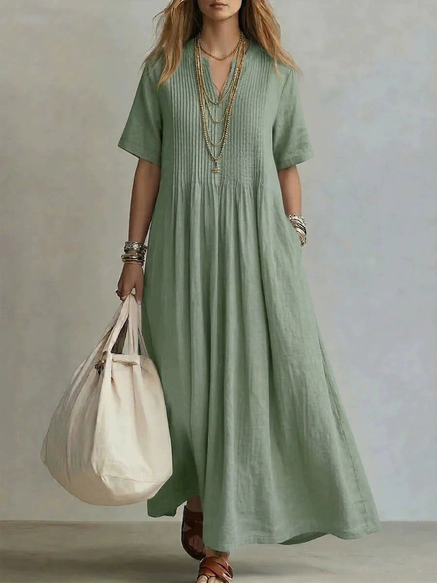 Cross-Border Foreign Trade European and American 2026 New Style Women's Long Dress Casual Loose V-Neck Short-Sleeved Pleated Cotton and Linen Dress for Women