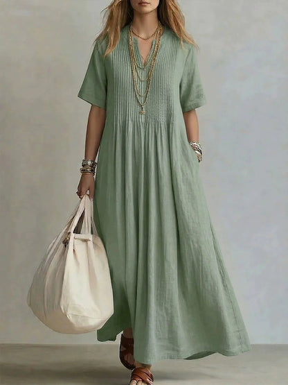 Cross-Border Foreign Trade European and American 2026 New Style Women's Long Dress Casual Loose V-Neck Short-Sleeved Pleated Cotton and Linen Dress for Women