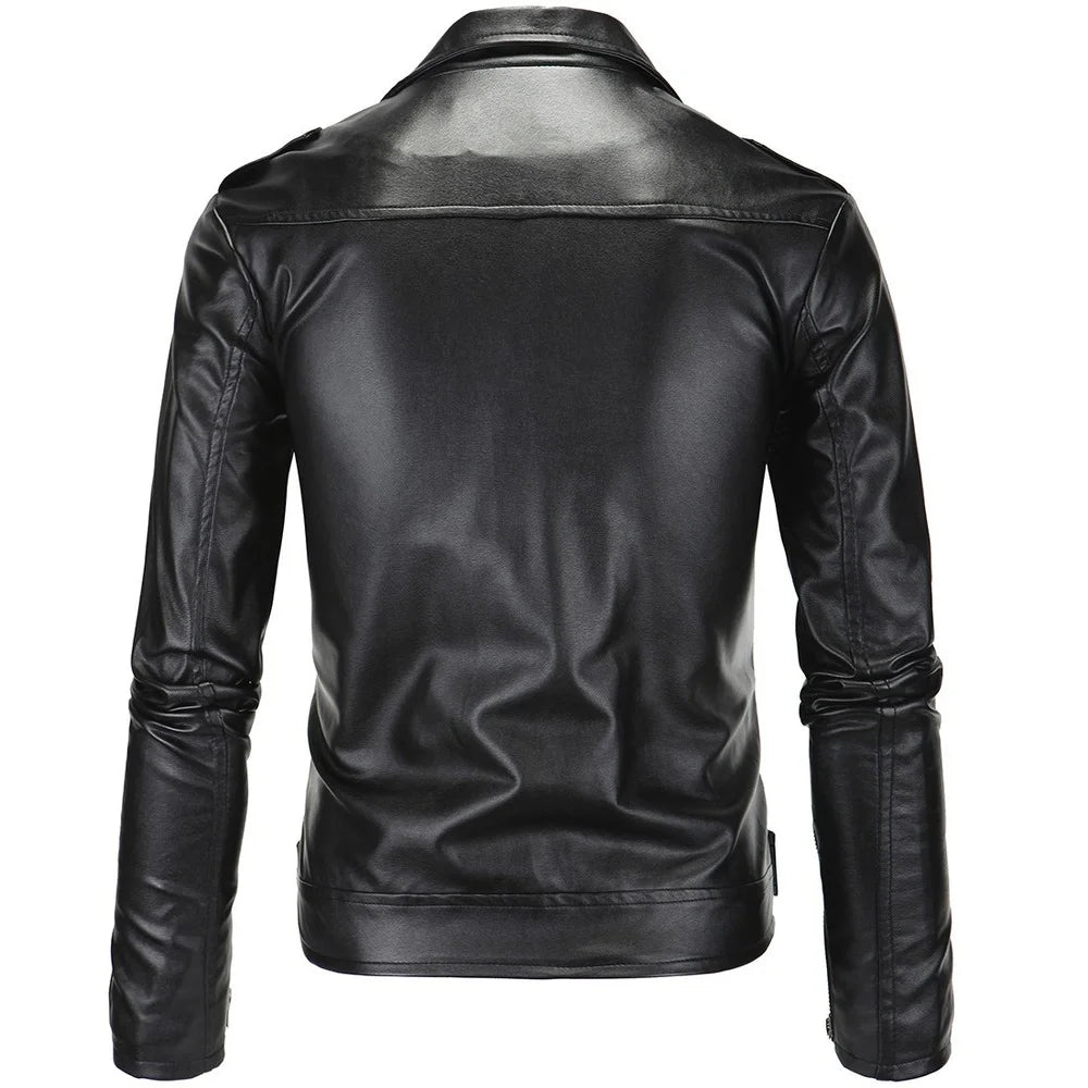 Men's Casual Lapel Slim Fit Diagonal Zipper Leather Jacket