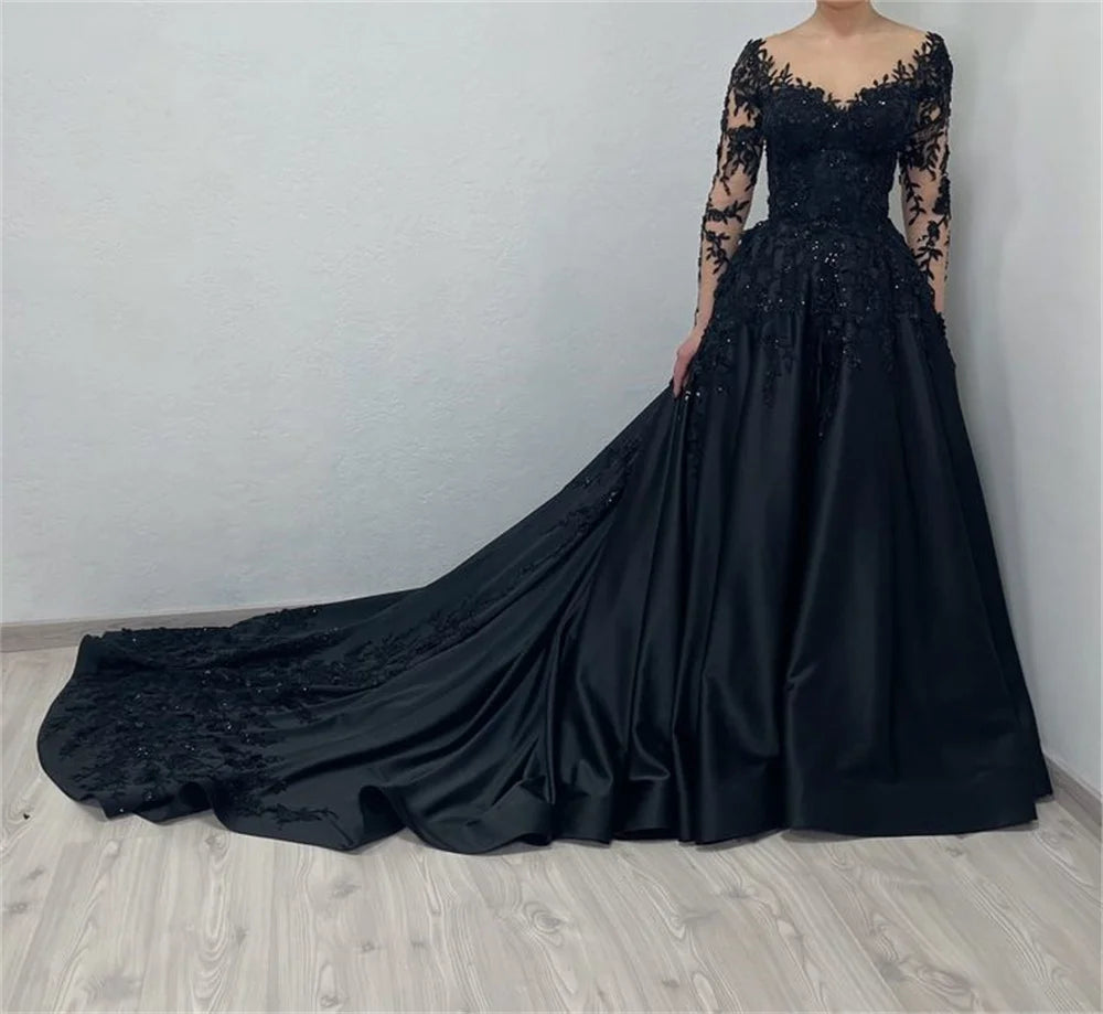 Sansa Black Lace Embroidery Beaded Tulle Prom Dress