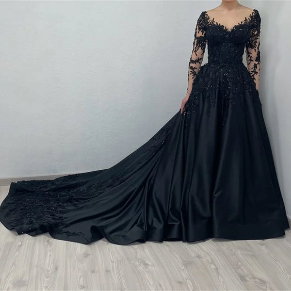 Sansa Black Lace Embroidery Beaded Tulle Prom Dress