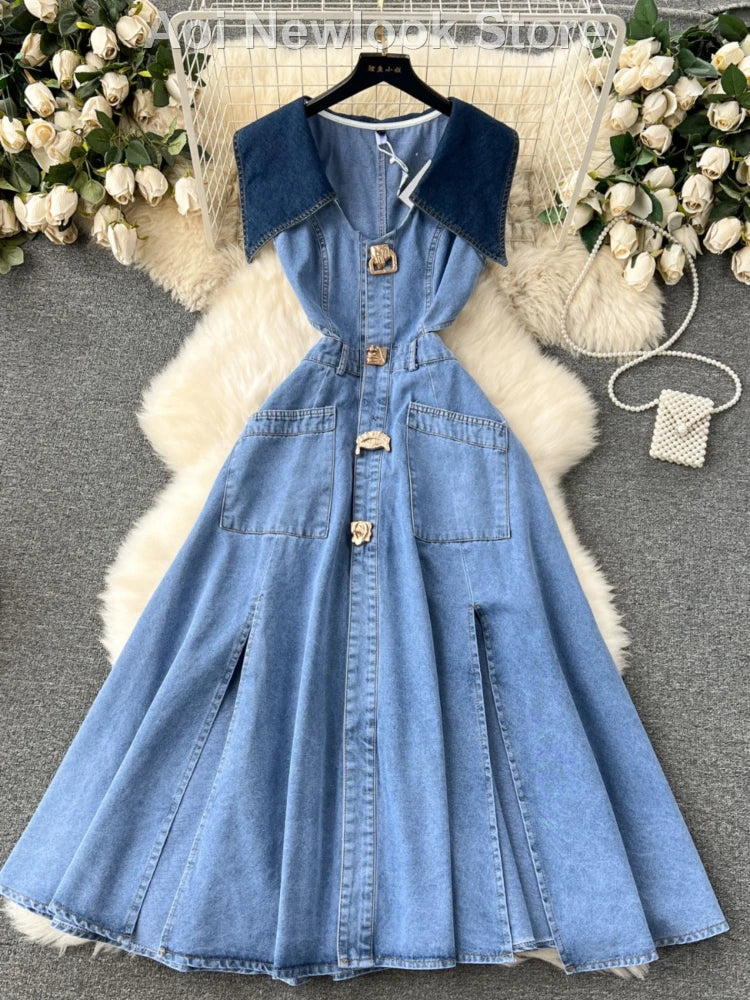 Contrast Large Lapel Denim Dress.