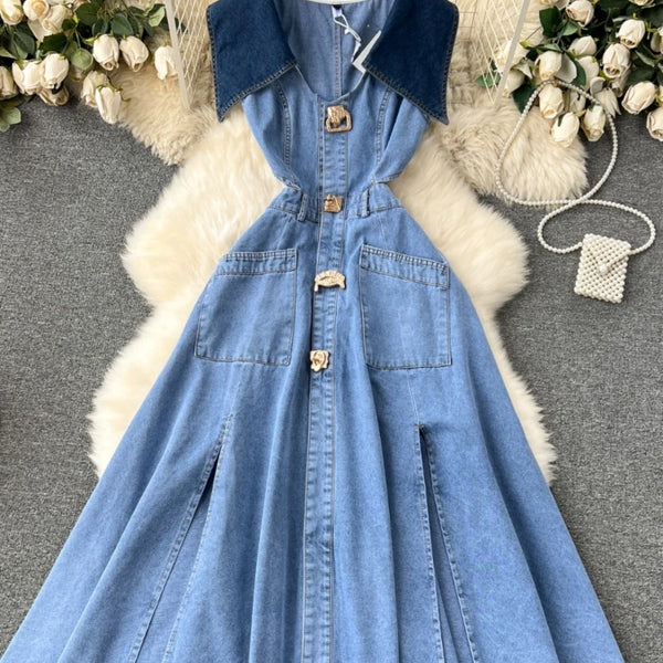 Contrast Large Lapel Denim Dress.