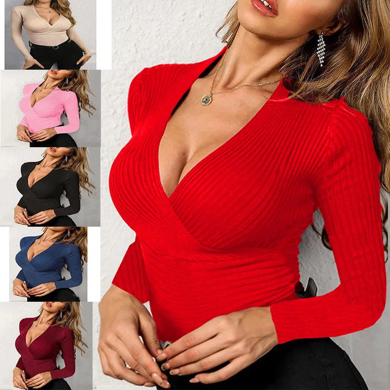 2024 Sexy Slim V-Neck Knitted Long-Sleeved T-Shirt