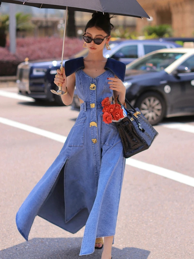 Contrast Large Lapel Denim Dress.