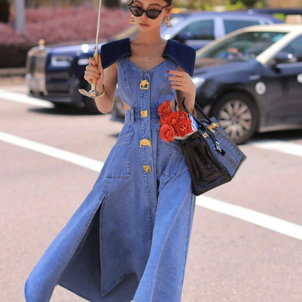 Contrast Large Lapel Denim Dress.