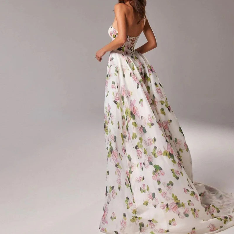 Summer Sexy Print Wrapped Chest Open Back Long Dress