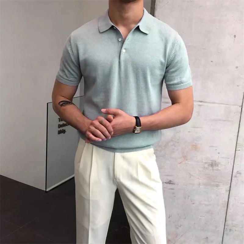 Solid Color Knitted Polo Shirt