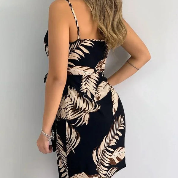 Tropical Print V-Neck Wrap Casual Dress