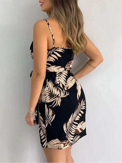Tropical Print V-Neck Wrap Casual Dress