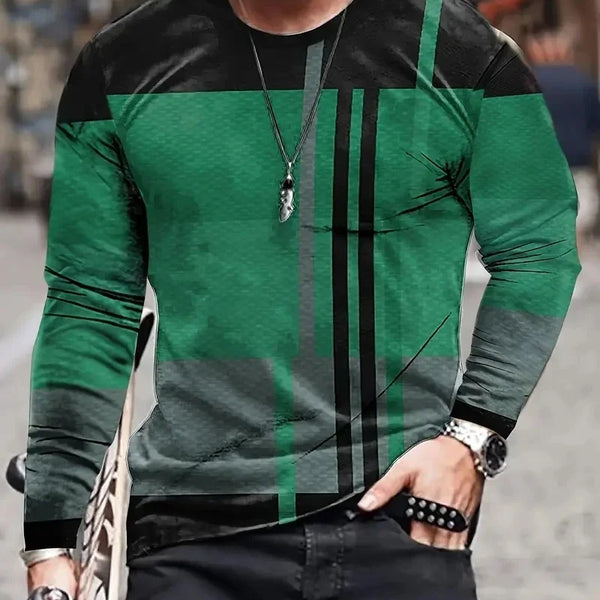 Men's Long Sleeve Retro 3D Print Color Block T-shirt