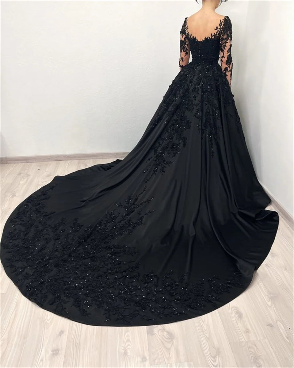 Sansa Black Lace Embroidery Beaded Tulle Prom Dress