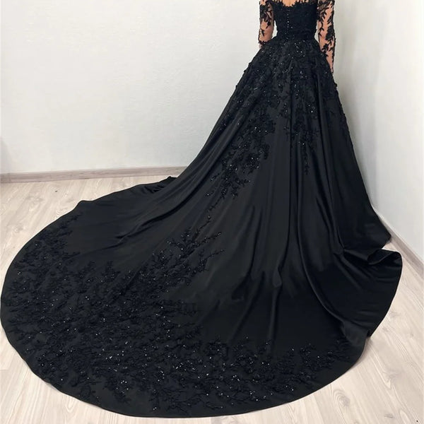 Sansa Black Lace Embroidery Beaded Tulle Prom Dress