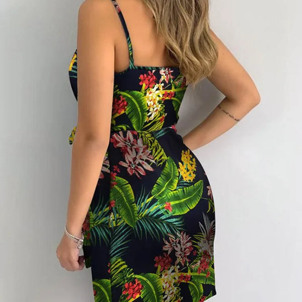 Tropical Print V-Neck Wrap Casual Dress