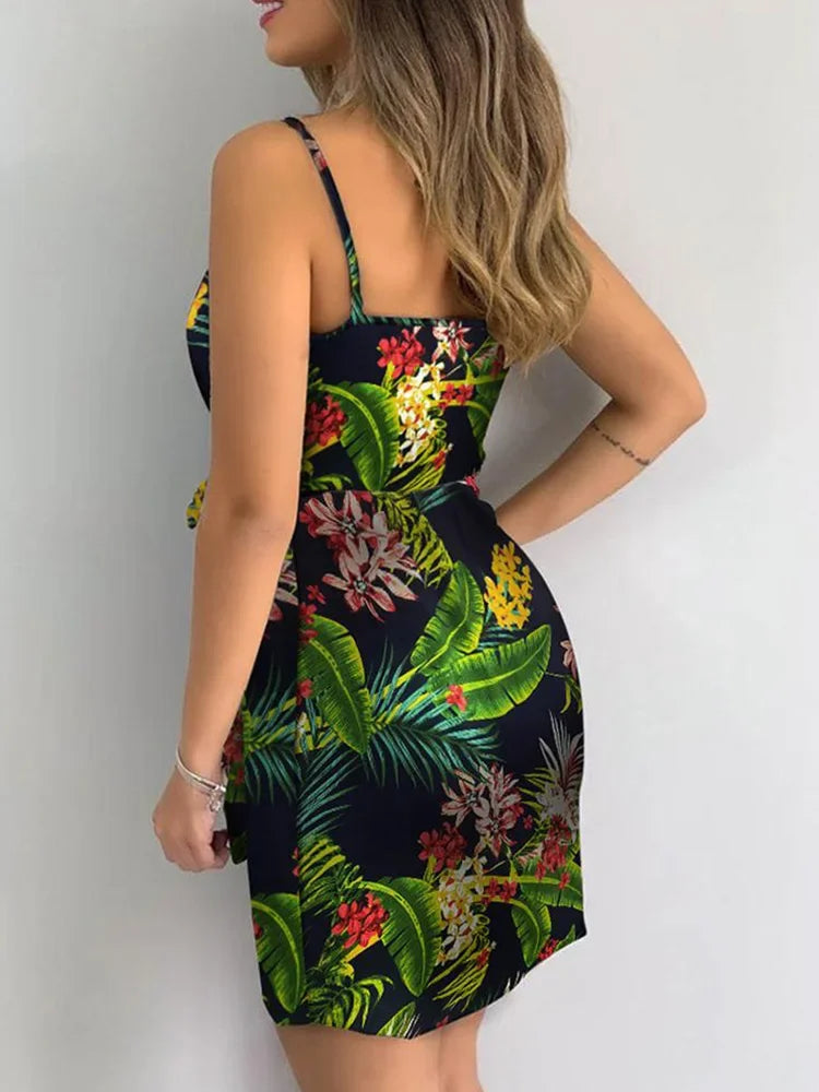 Tropical Print V-Neck Wrap Casual Dress