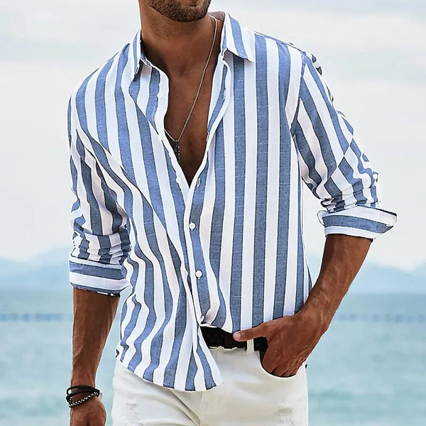 Men's Casual Blue Clover Long Sleeve Striped Shirt