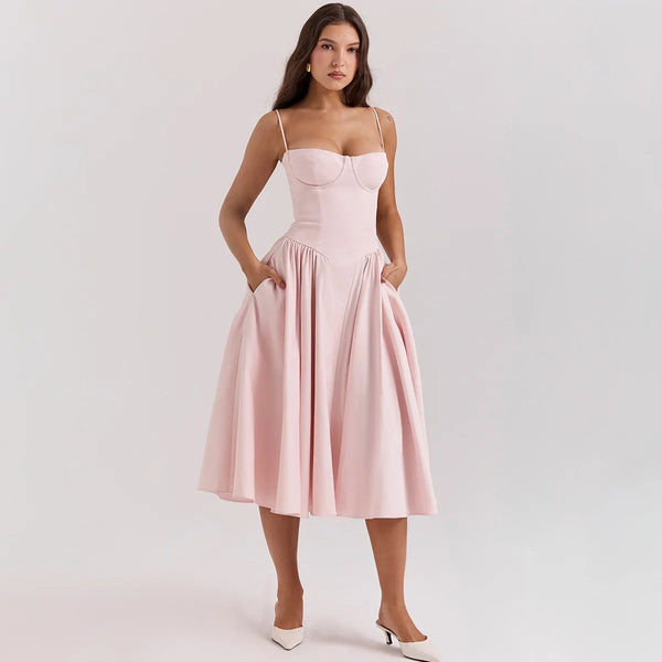 Mingmingxi Elegant Pink Spaghetti Strap Midi Dress