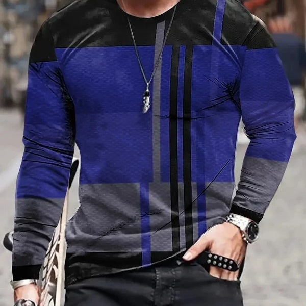 Men's Long Sleeve Retro 3D Print Color Block T-shirt