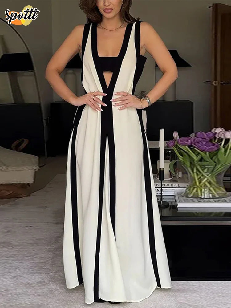 Women V Neck Cut Out Sling Maxi Dresses