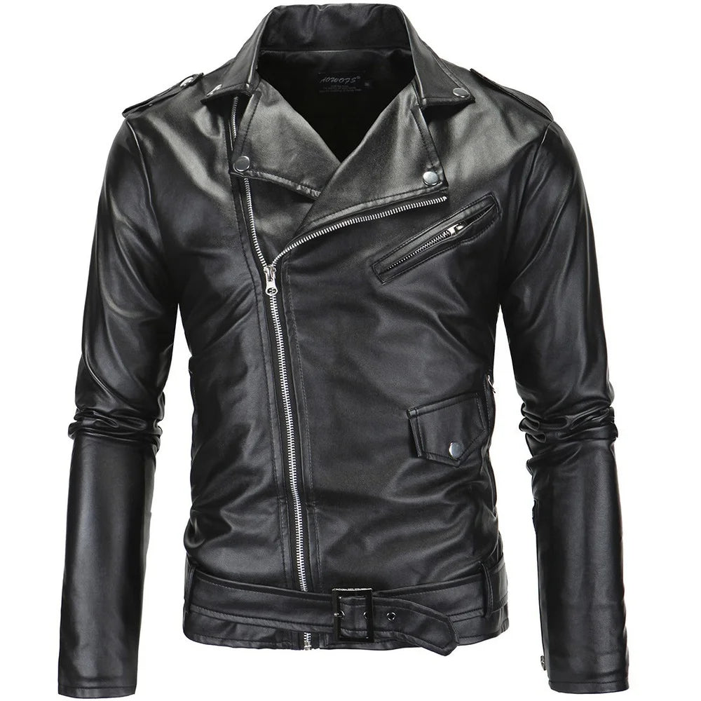 Men's Casual Lapel Slim Fit Diagonal Zipper Leather Jacket