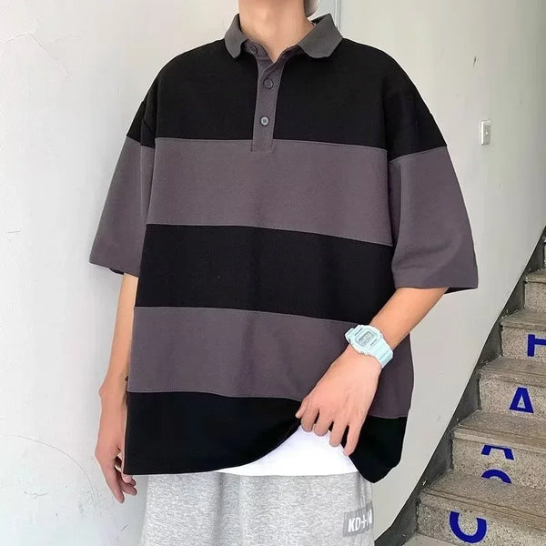 Japanese Retro Striped Polo Shirt for Men