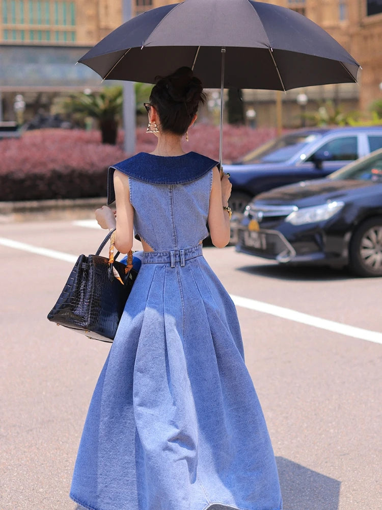 Contrast Large Lapel Denim Dress.