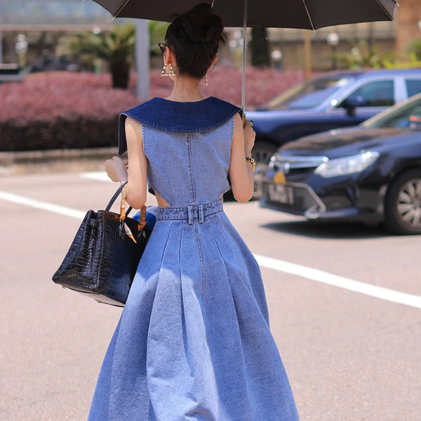 Contrast Large Lapel Denim Dress.