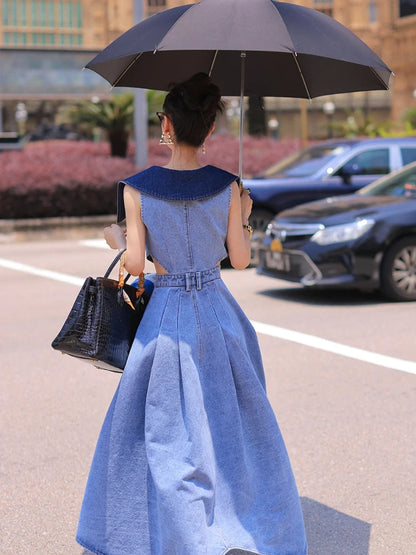 Contrast Large Lapel Denim Dress.