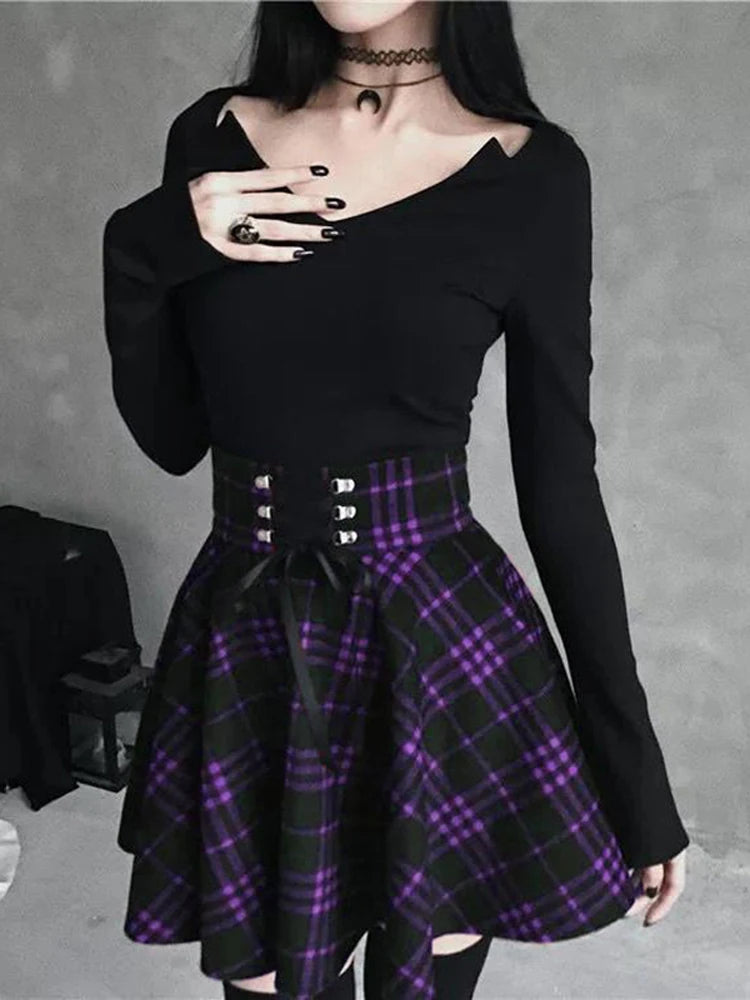 Black Checkered Gothic Pleated Mini Skirt