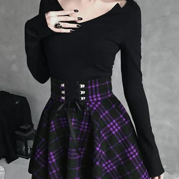 Black Checkered Gothic Pleated Mini Skirt