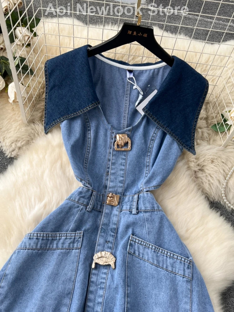 Contrast Large Lapel Denim Dress.