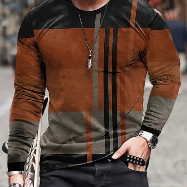 Men's Long Sleeve Retro 3D Print Color Block T-shirt