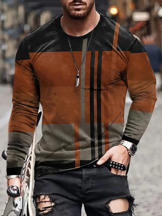 Men's Long Sleeve Retro 3D Print Color Block T-shirt
