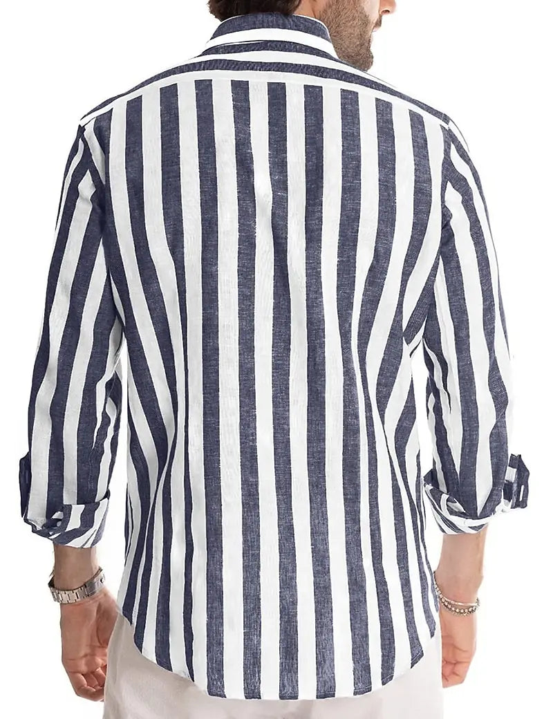 Men's Casual Blue Clover Long Sleeve Striped Shirt