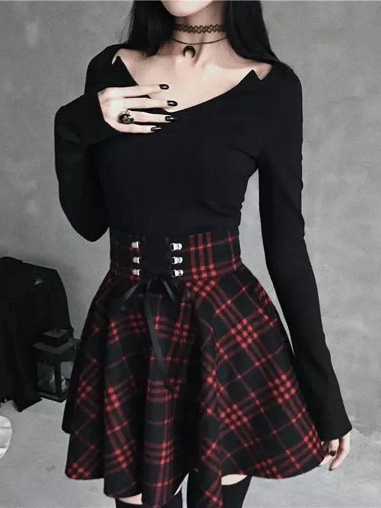 Black Checkered Gothic Pleated Mini Skirt