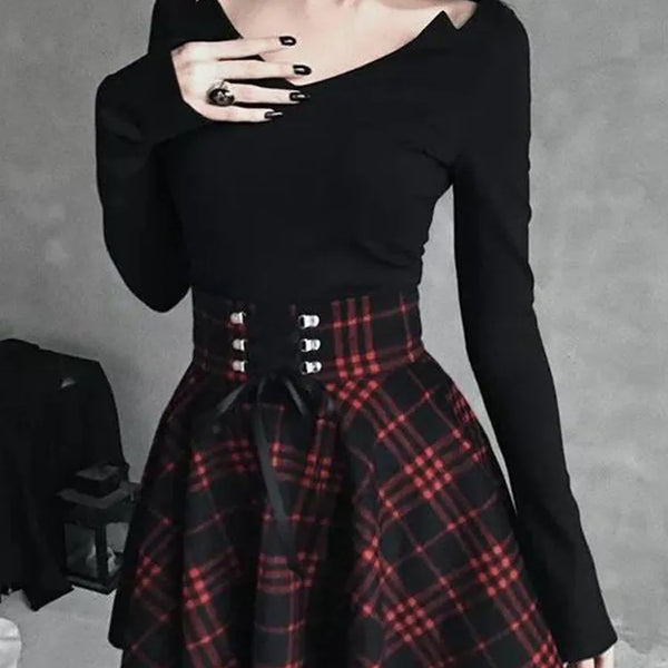 Black Checkered Gothic Pleated Mini Skirt