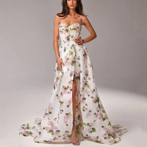 Summer Sexy Print Wrapped Chest Open Back Long Dress