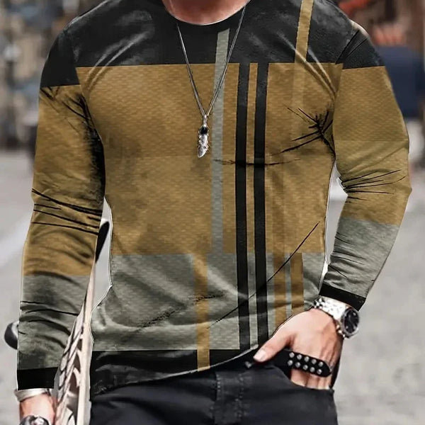 Men's Long Sleeve Retro 3D Print Color Block T-shirt