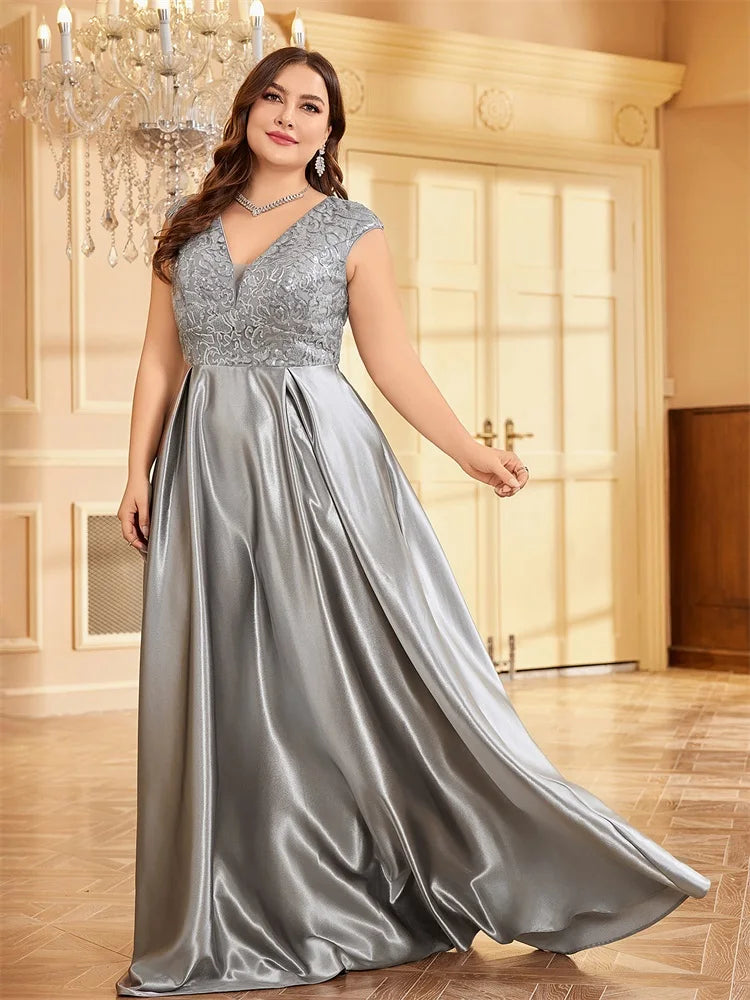 XUIBOL Plus Size Luxury Gold Satin V-Neck Evening Dress